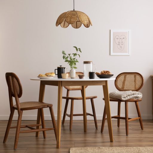 stylish-dining-room-with-round-table-rattan-chair-wooden-commode-poster-kitchen-accessories-beige-wall-with-mock-up-poster-home-decor-template